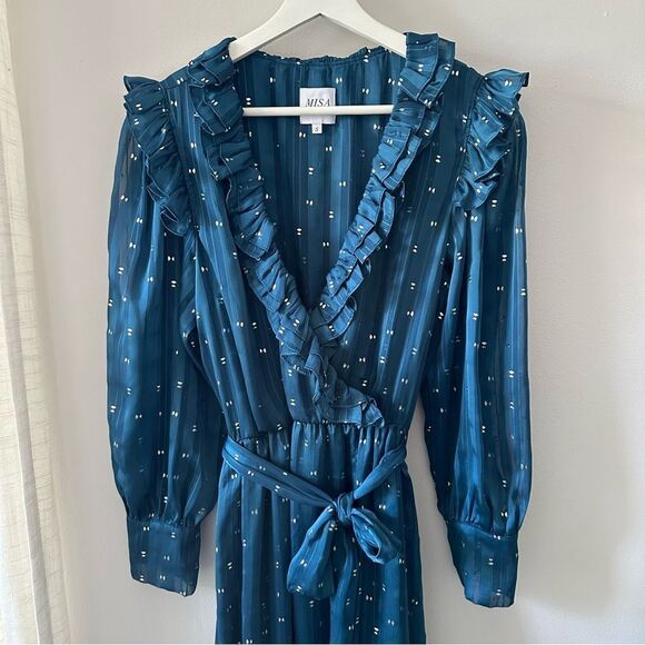 Misa Los Angeles Blue Ruffle Maxi Faux Wrap Long Sleeve V Neck Semi Sheer Dress - Picture 4 of 8